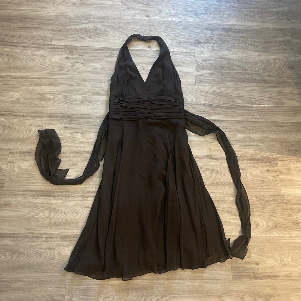 London Times Brown Silk Halter Midi Dress Formal Chic Wedding Fall Classic
